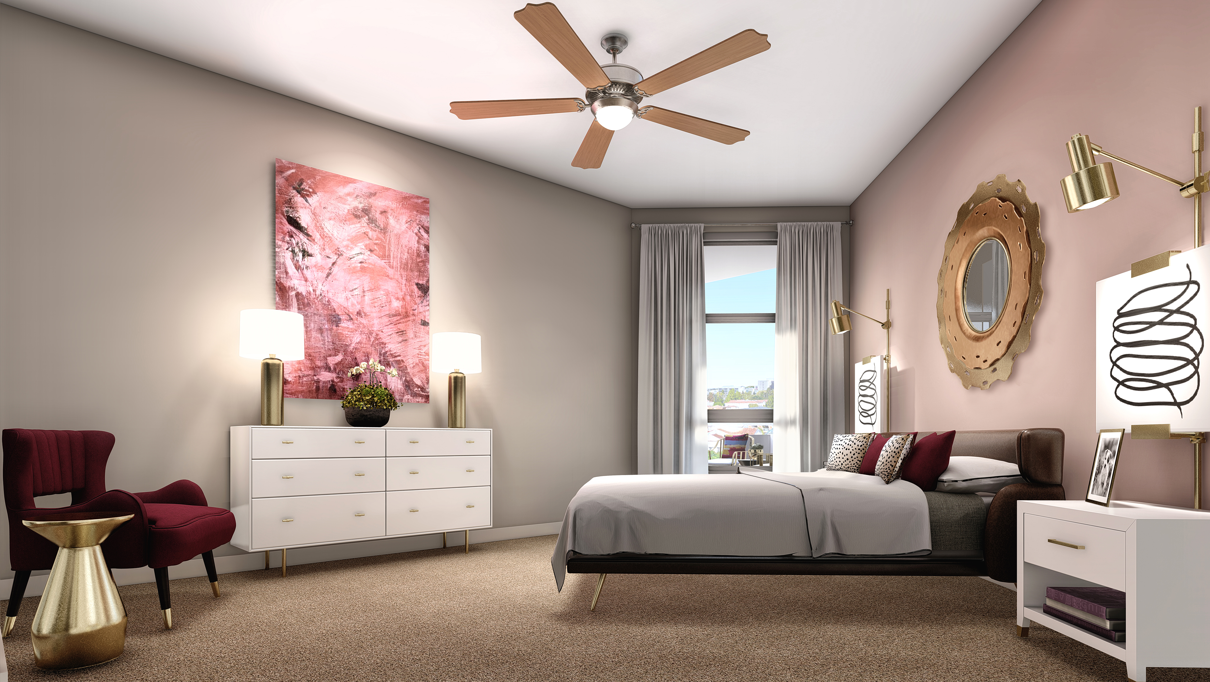 Rendering of a midcentury modern bedroom from The James Apartments.