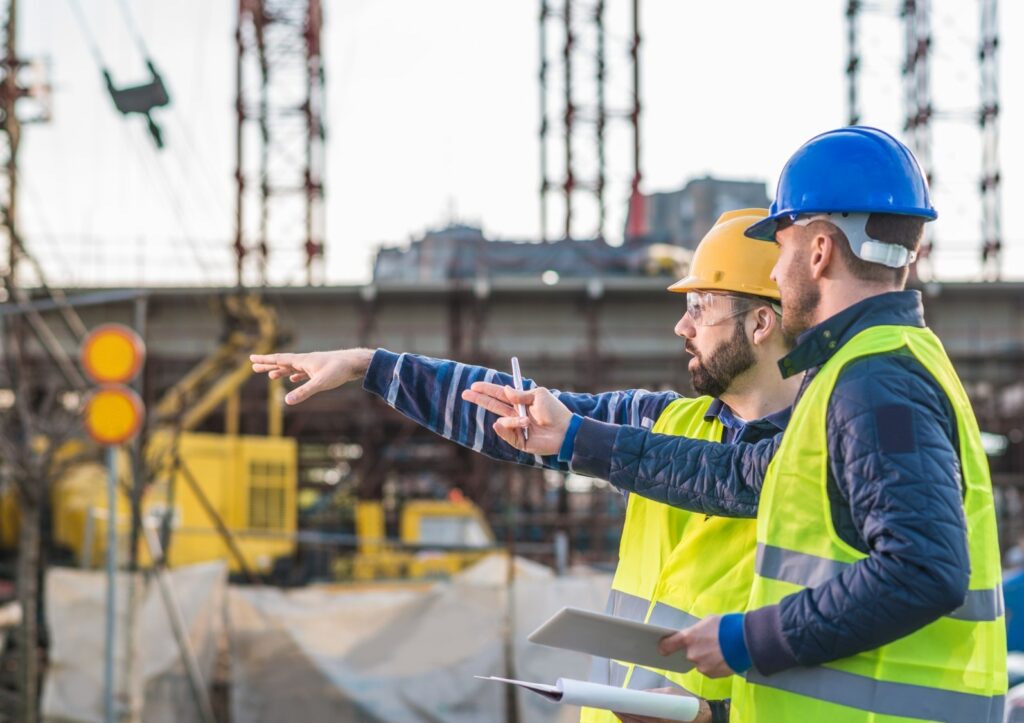 Construction teams work on site