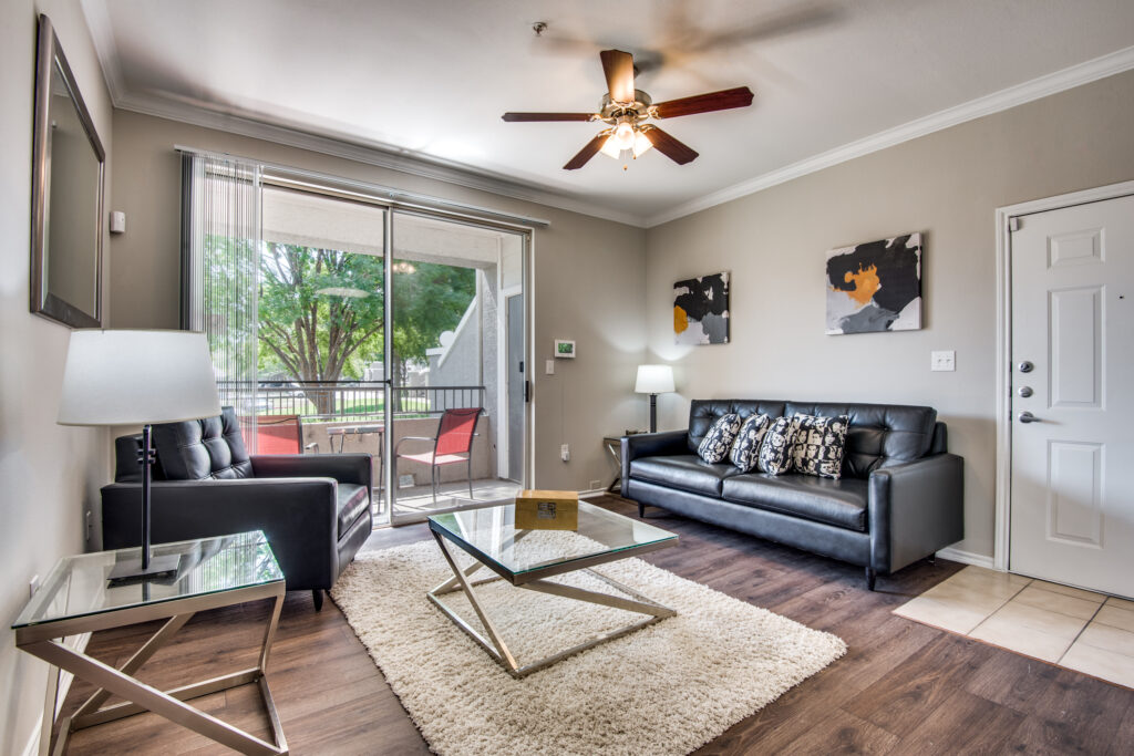 living room at kensley apartments in irving, TX, an affordable housing community.