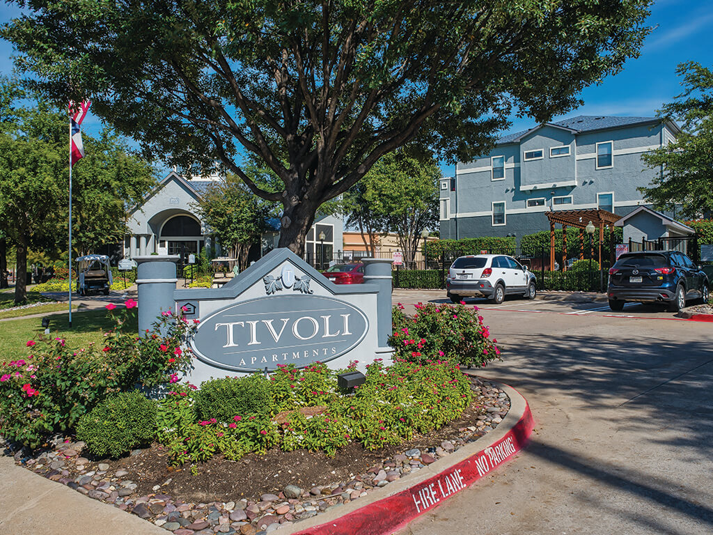 The front property monument at the Tivoli apartments.