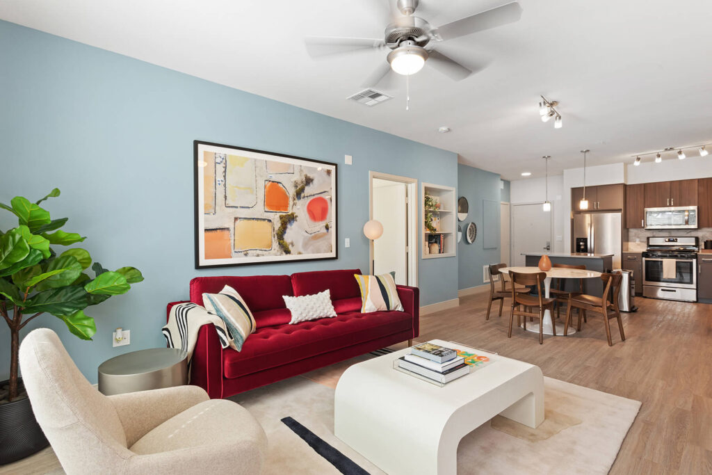 model living room and dining at embark apartments in fremont ca