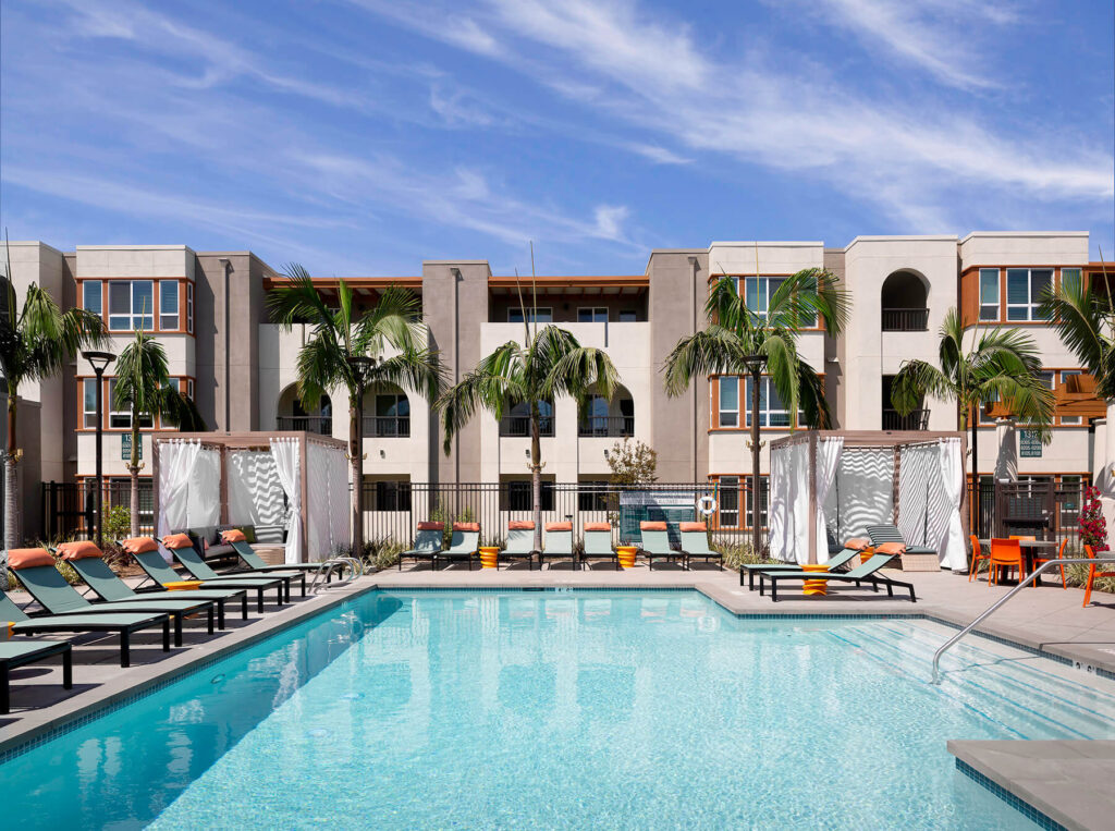 pool and cabanas at the seaton apartments in san diego ca