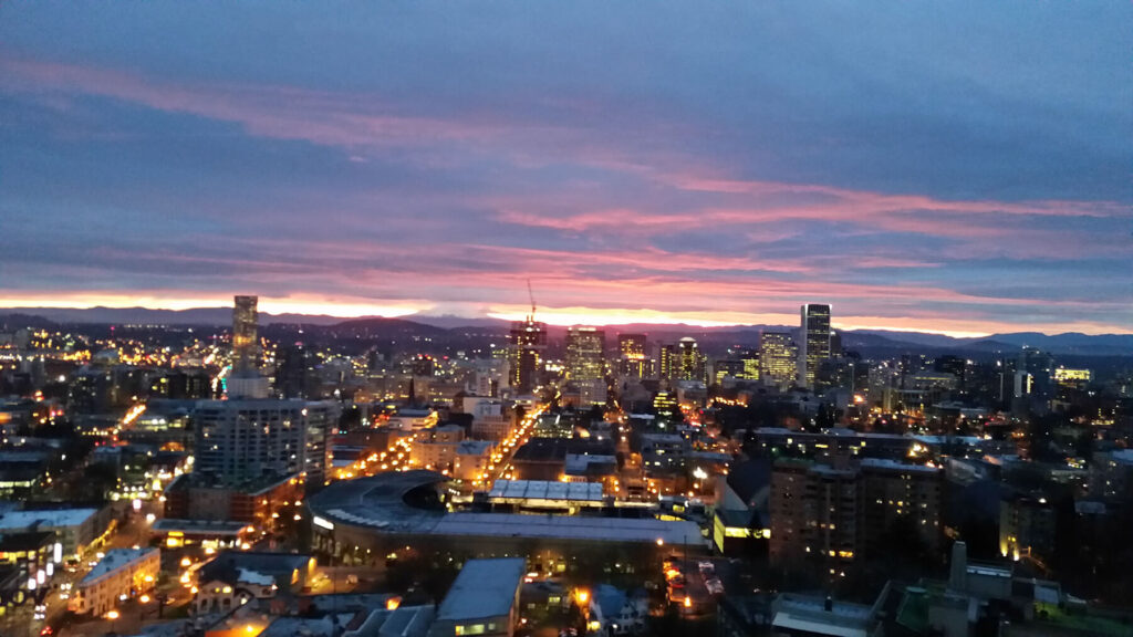 rooftop view at night at 735 st clair apartments in portland or