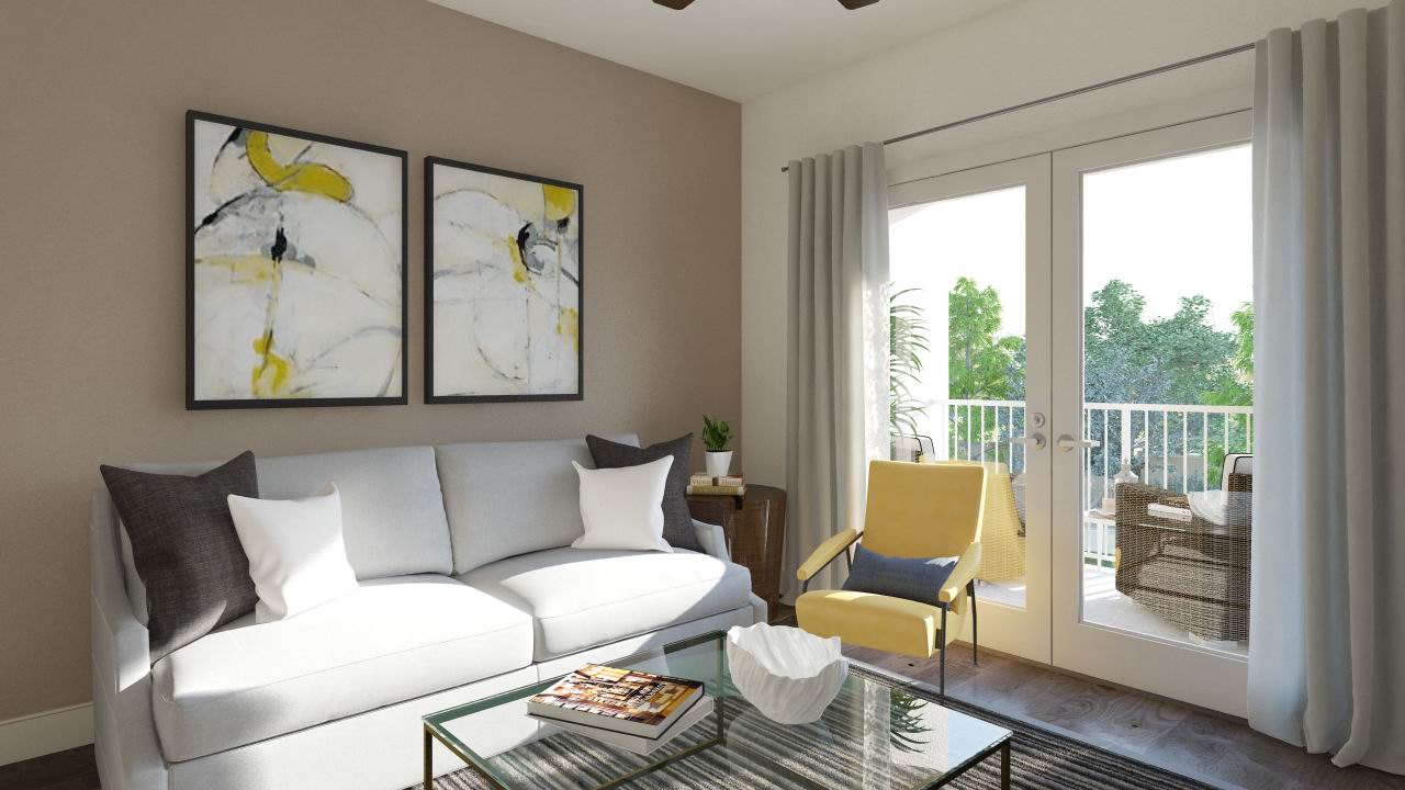 Living room with french doors and natural light at Mave Apartments