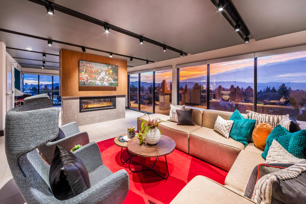 social lounge seating area with view at the perch pdx apartments in portland or