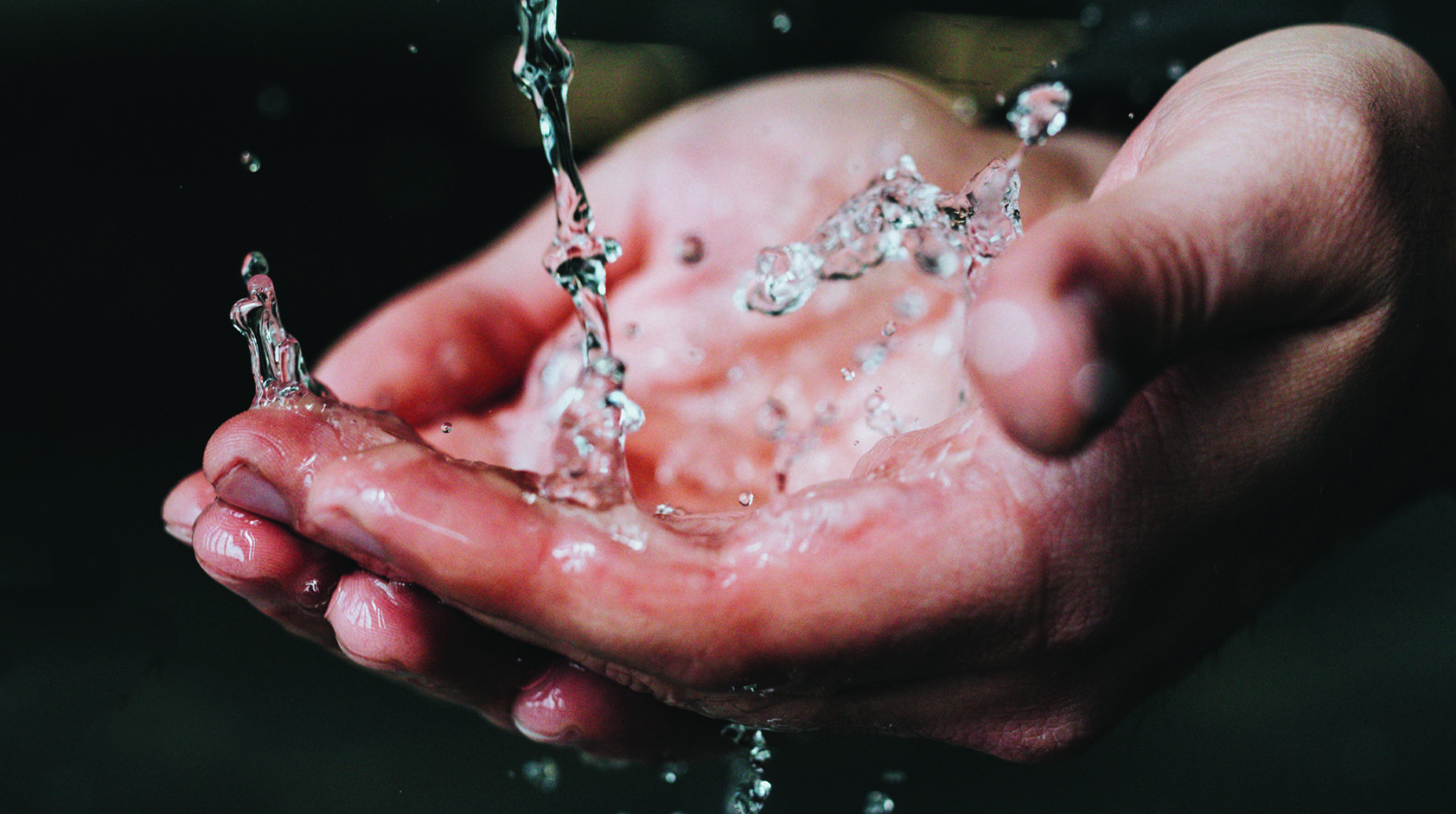 A close-up of two hands under a stream of water.