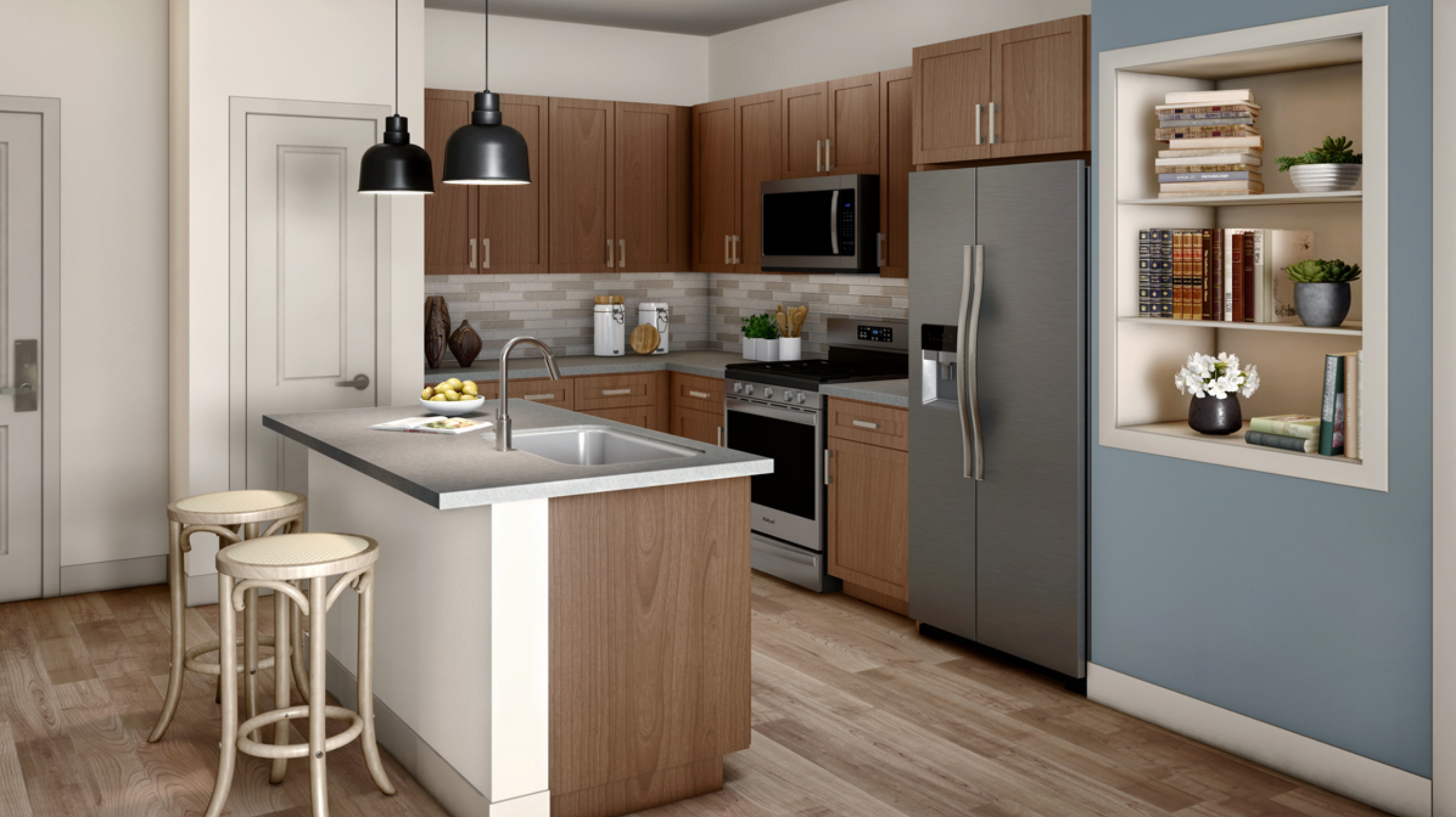 Rendering of a modern kitchen and kitchen island.